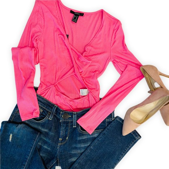 Hot Pink Bodysuit Long Sleeve V Neck Stretch Open Peekaboo Size M - Forever 21 - Picture 4 of 8